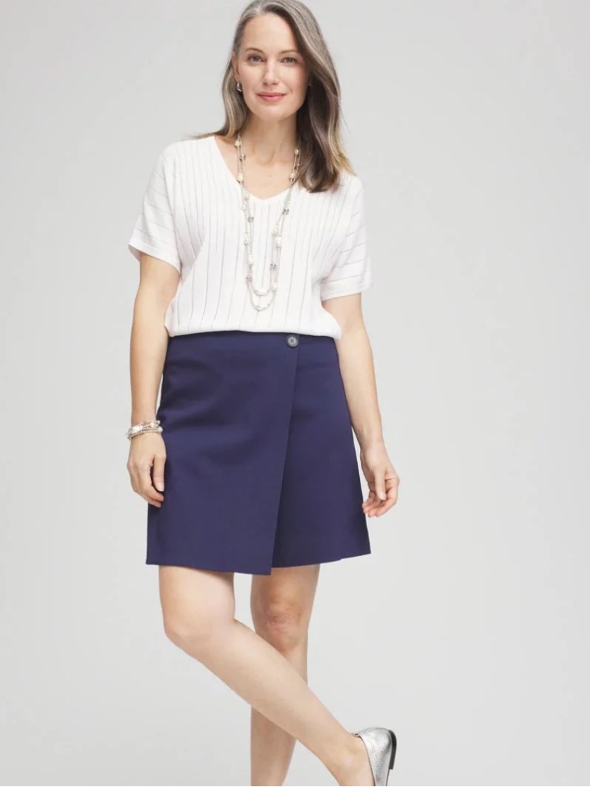 Chico’s Navy Blue Brigide Pull On Asymmetrical Wrap Skort, Size 16, Nwt